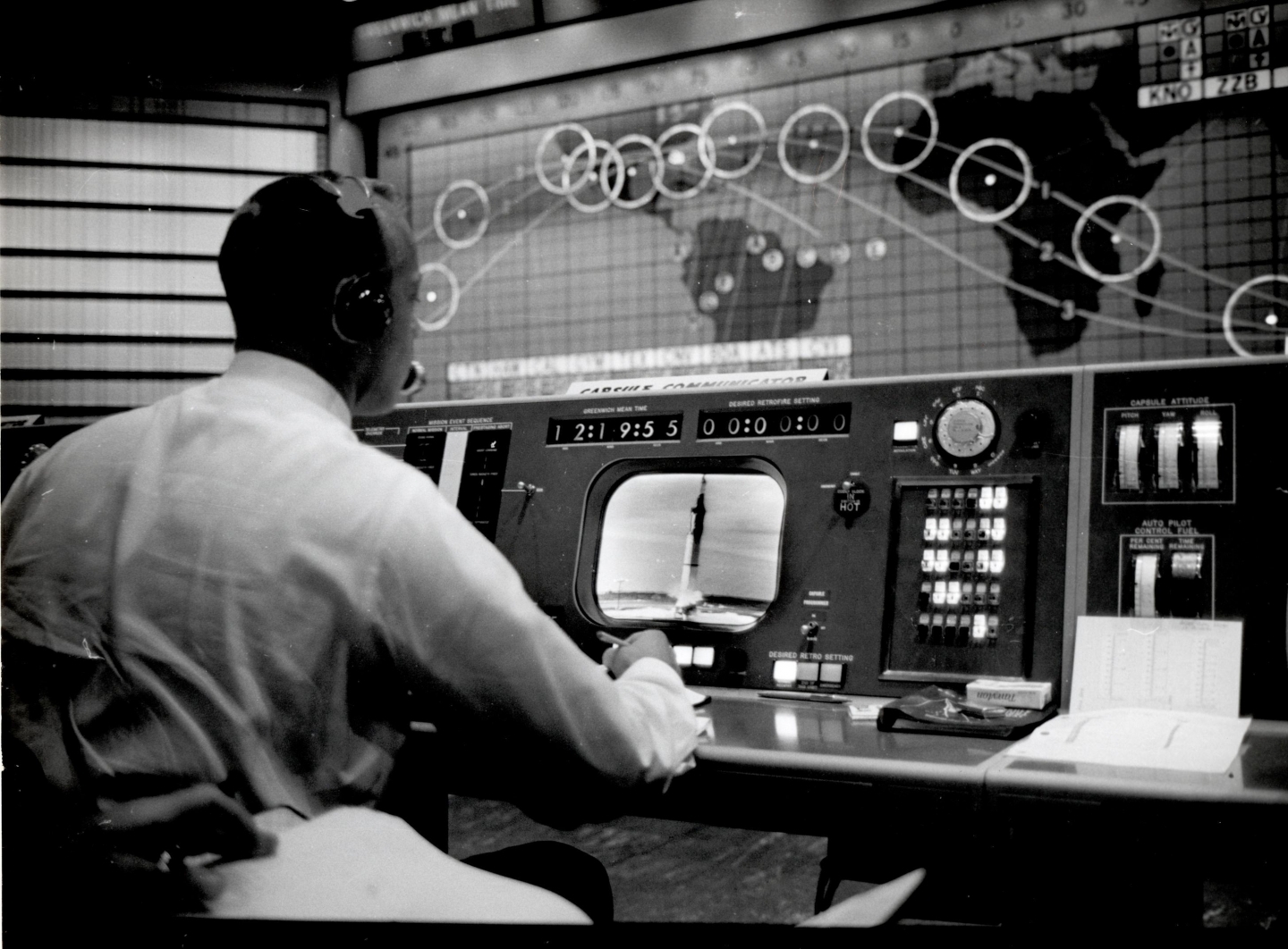 Astronaut Alan B. Shepard monitoring the launch of Mercury-Redstone 4 at the CAPCOM console in Mercury Control Center. (NASA Photo)