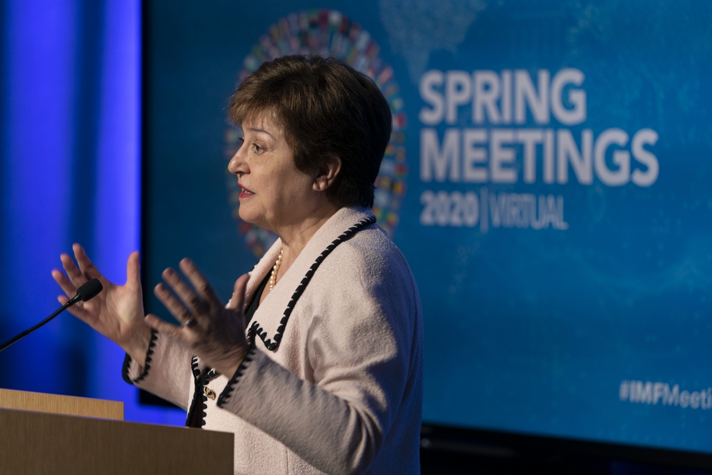 International Monetary Fund Managing Director Kristalina Georgieva holds a press conference during the virtual 2020 spring meetings on April 15, 2020 in Washington, DC. (IMF Photo/Joshua Roberts)