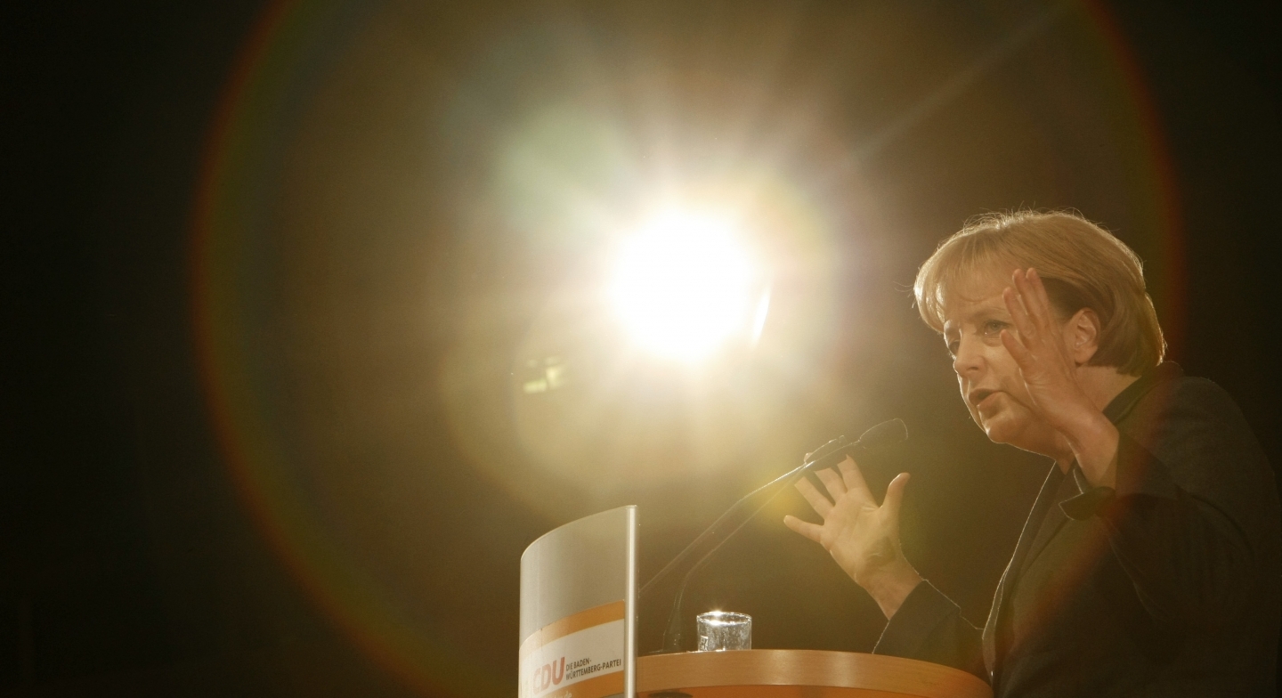 German Chancellor Angela Merkel delivers a speech. (AP Photo/Thomas Kienzle)