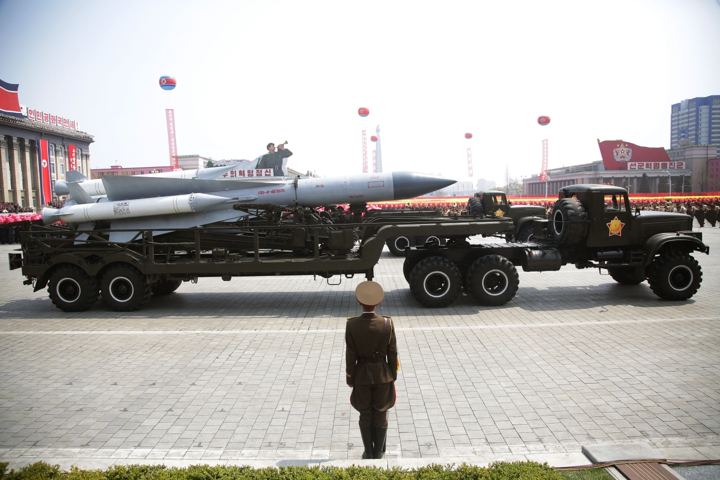 Skud missiles are paraded across Kim Il Sung Square during a military parade in Pyongyang, North Korea. (AP Photo/Wong Maye-E)