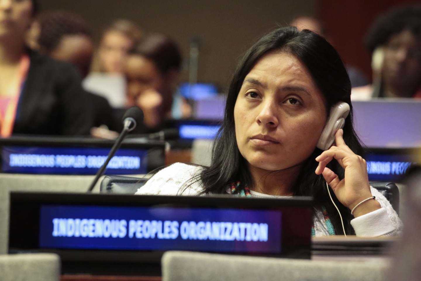 An indigenous leader from Colombia listens during UN session (AP Photo/Bebeto Matthews)