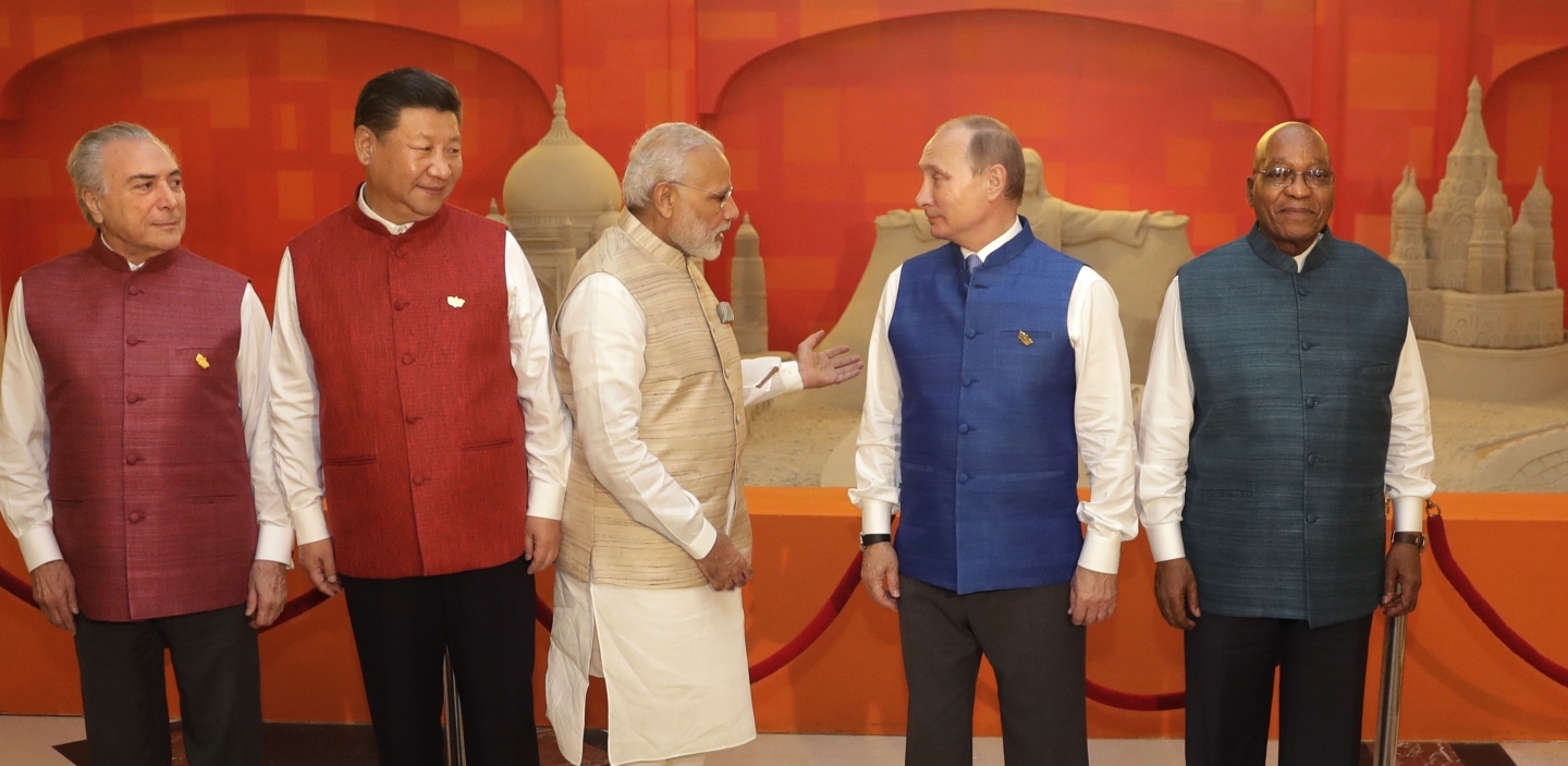 Brazilian President Michel Temer, Chinese President Xi Jinping, Indian Prime Minister Narendra Modi, Russian President Vladimir Putin, and South African President Jacob Zuma (The Associated Press)