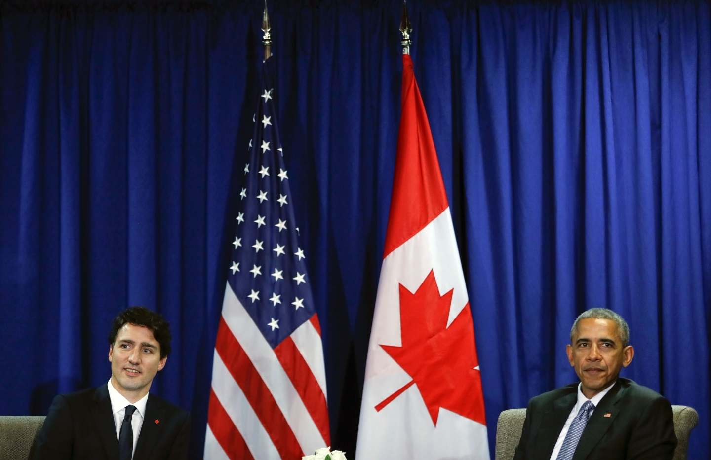 US President Barack Obama, right, sits with Canada's Prime Minister Justin Trudeau / AP Images