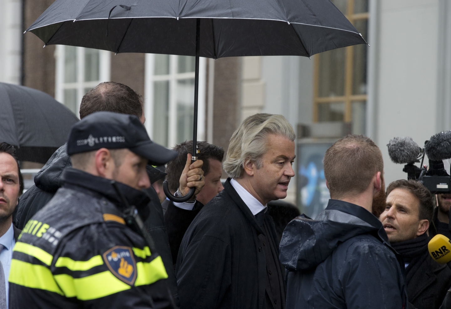 Geert Wilders outside the Turkish embassy in The Hague, Netherlands (AP Photo/Peter Dejong)