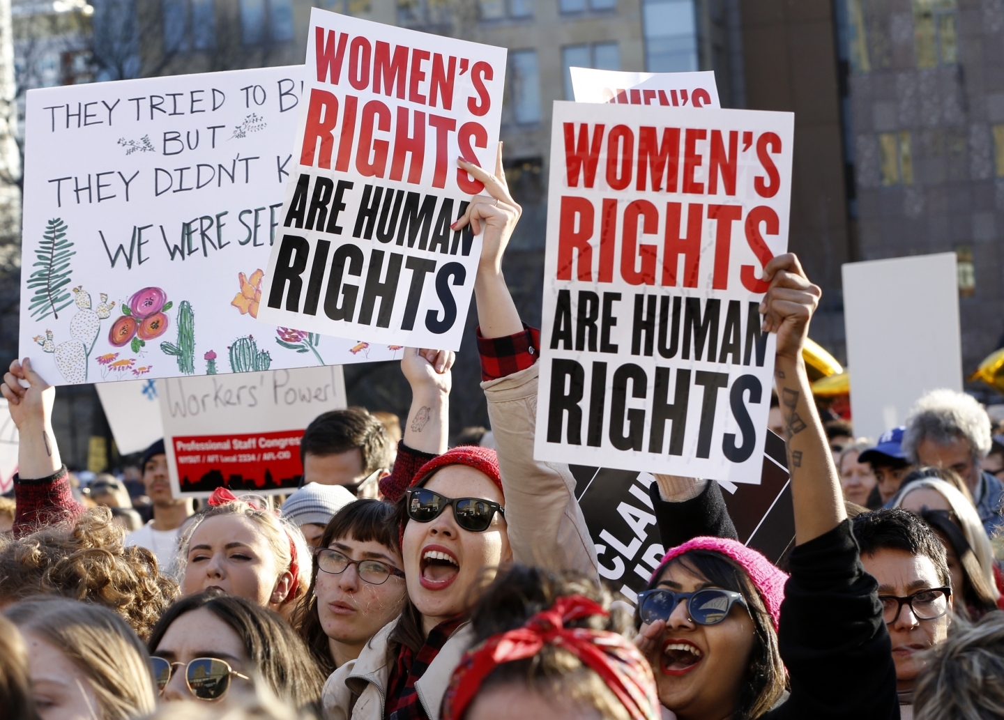 Women from labour organizations and other grassroots groups chant during a rally as part of International Women's Strike NYC. (AP Photo/Kathy Willens)