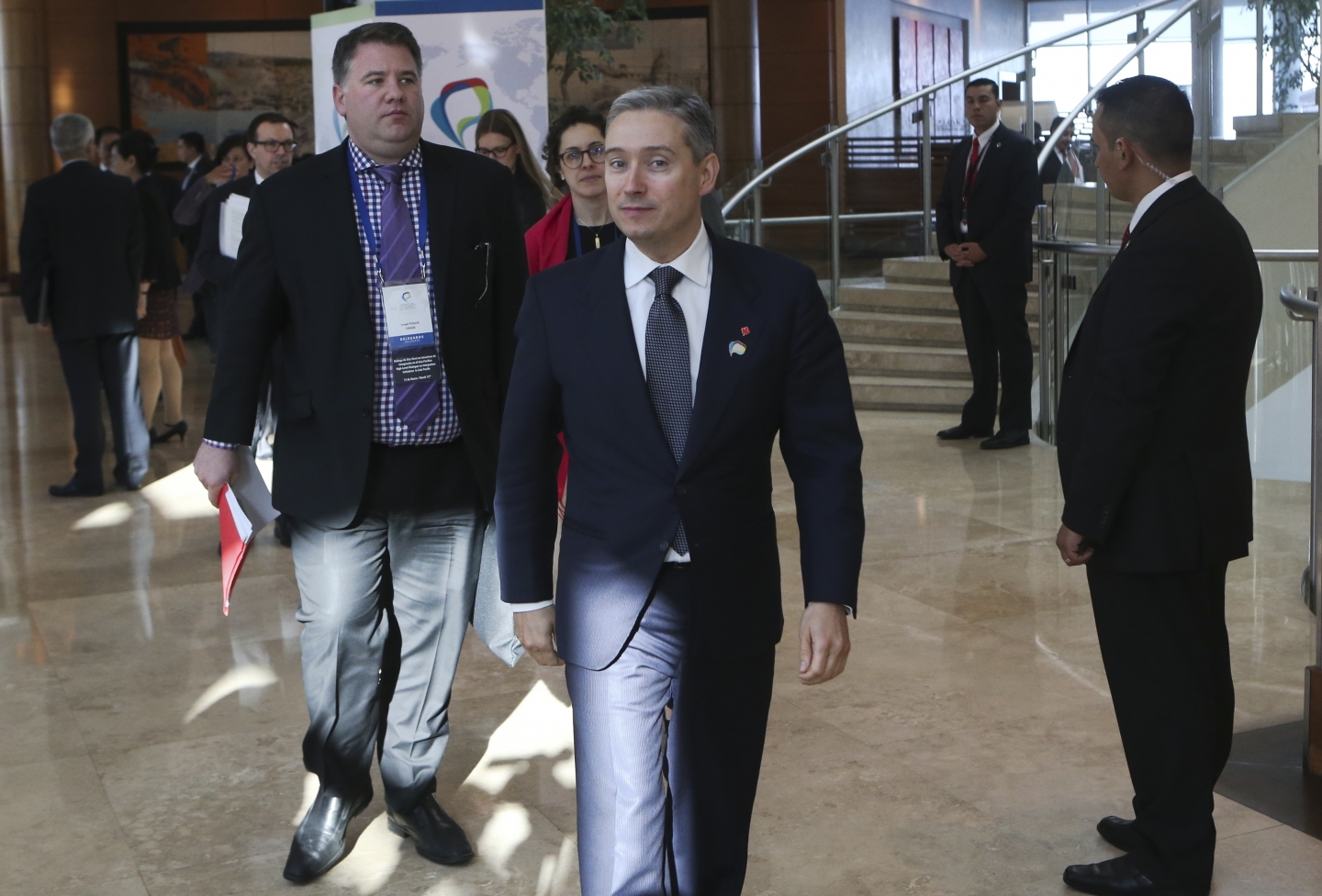 Francois-Philippe Champagne walks prior a meeting of the Trans-Pacific Partnership in Vina del Mar, Chile, Wednesday, March 15, 2017. (AP Photo/Esteban Felix)