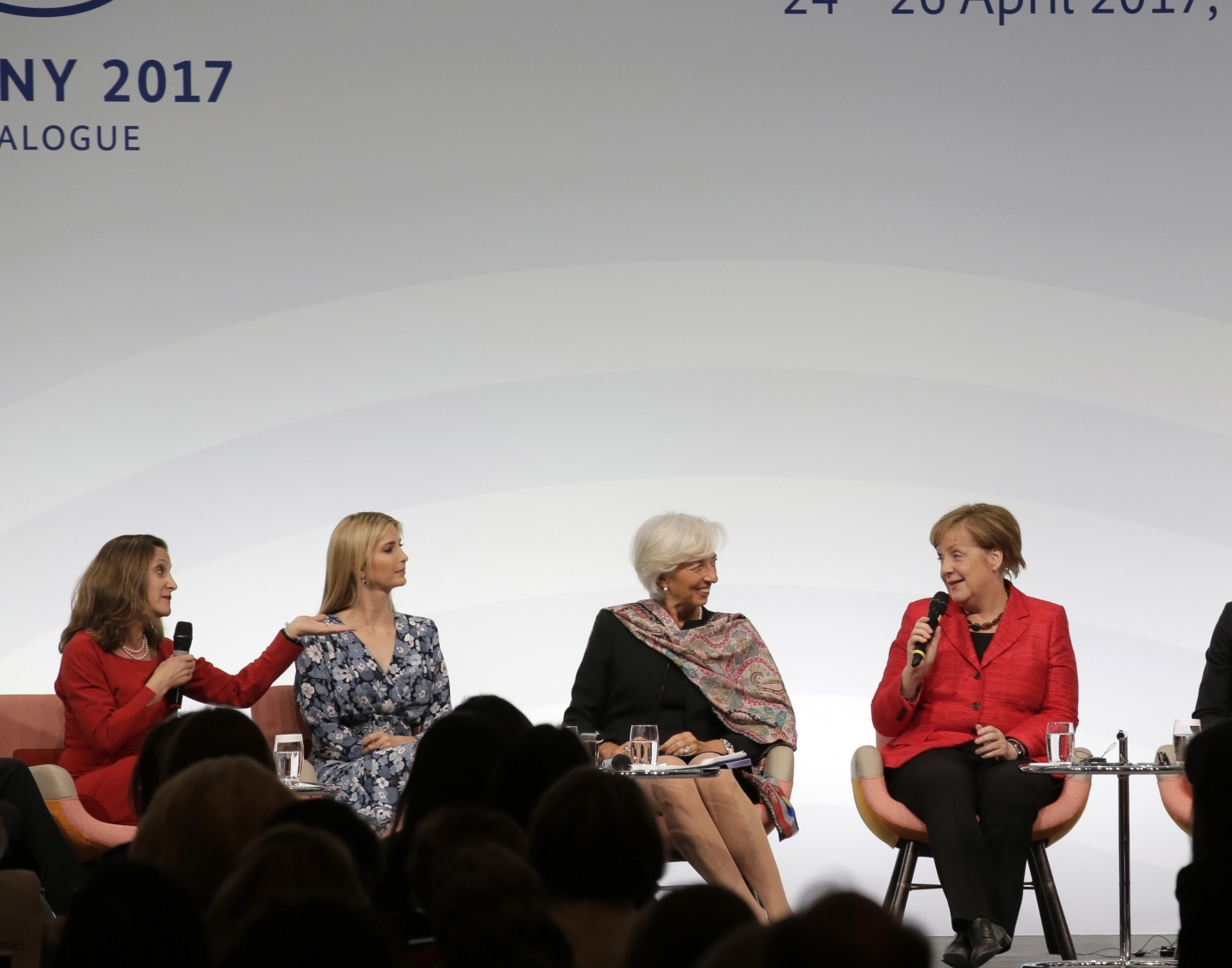 Canada's Foreign Minister Chrystia Freeland, Ivanka Trump, daughter and adviser of US President Donald Trump, International Monetary Fund Managing Director Christine Lagarde and German Chancellor Angela Merkel at W20 Summit in Berlin (AP Photo/Markus Schreiber)