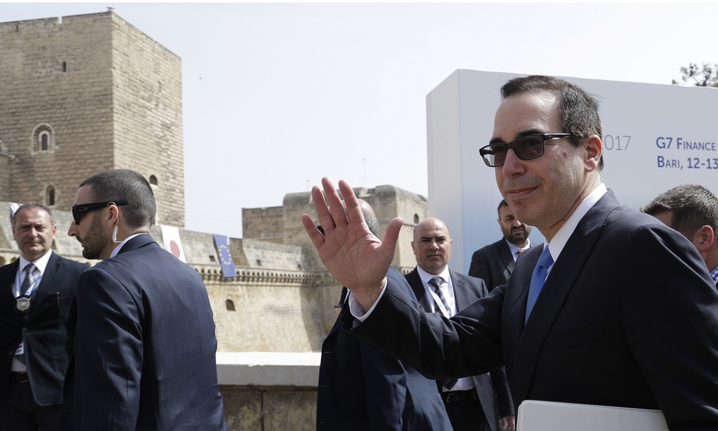 US Treasury Secretary Steven Mnuchin at G7 finance ministers meeting in Italy (AP Photo/Andrew Medichini)
