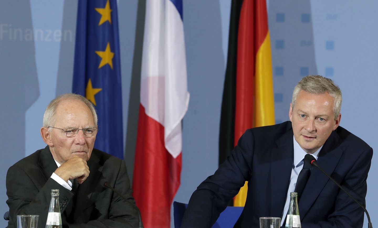 German Finance Minister Wolfgang Schaeuble and Economy Minister of France Bruno Le Maire. (AP Photo/Michael Sohn)