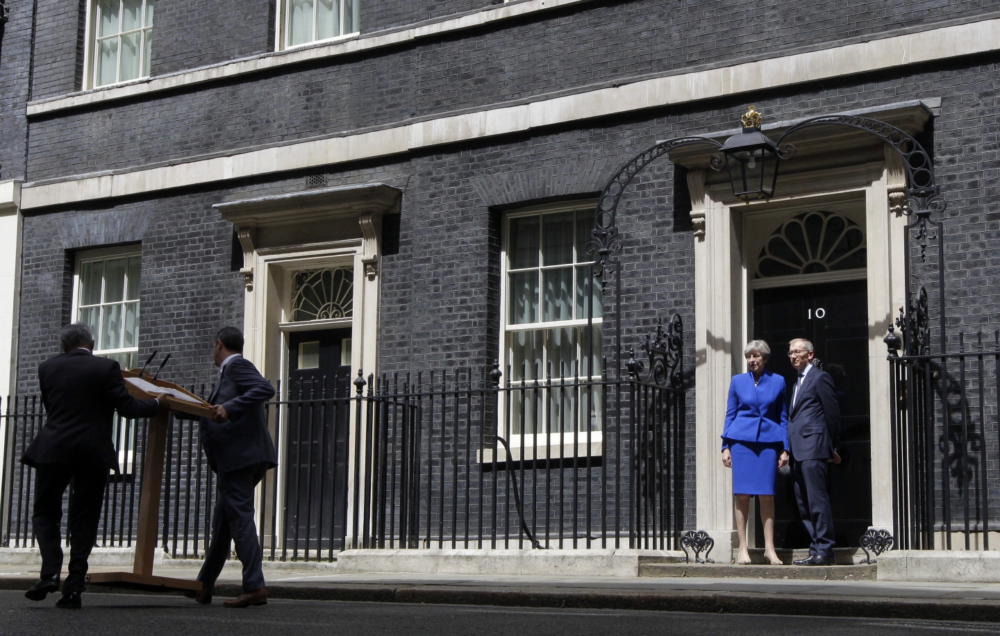 British Prime Minister Theresa May and her husband Philip at 10 Downing street, London (AP Photo/Matt Dunham)