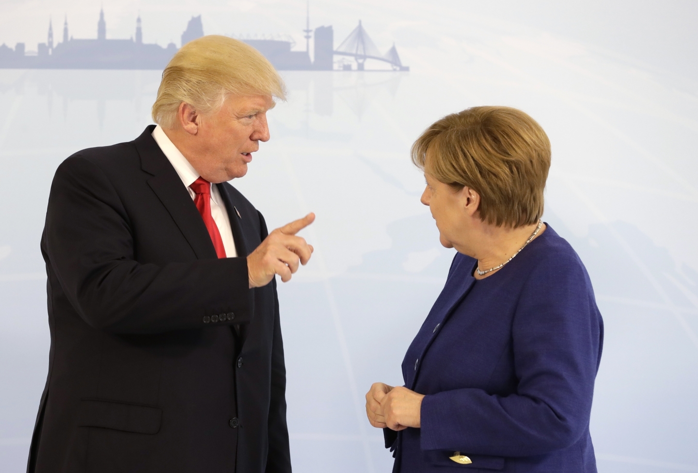 US President Donald Trump and German Chancellor Angela Merkel hold bilateral meeting at G20 summit in Hamburg (AP Photo/Matthias Schrader, pool)
