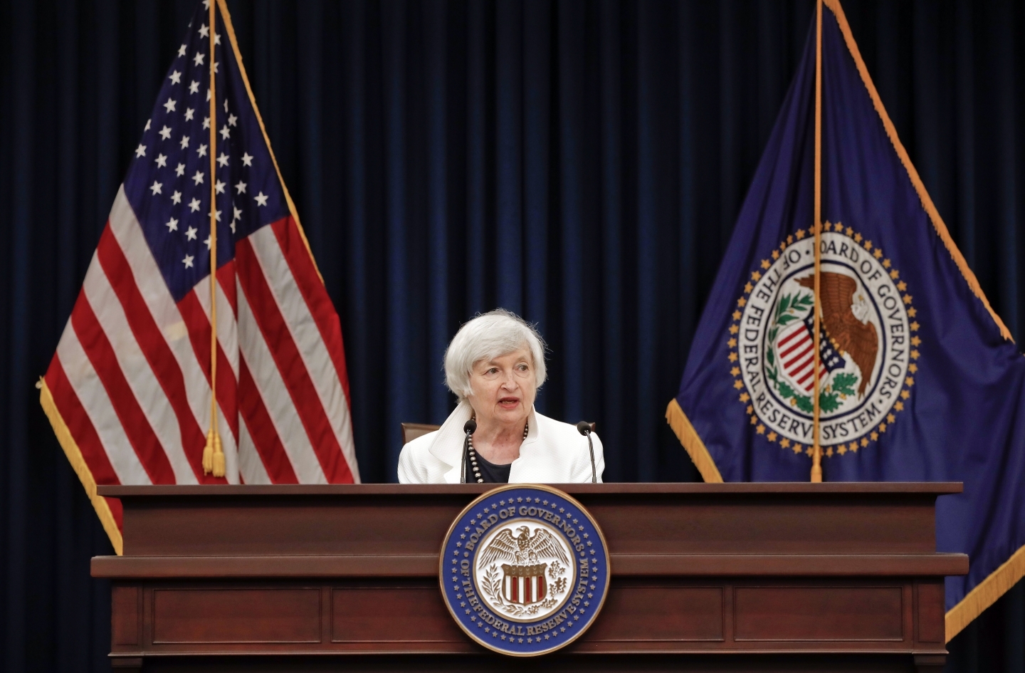 Federal Reserve Chair Janet Yellen speaks at a news conference following the Federal Open Market Committee meeting in Washington. (AP Photo/Pablo Martinez Monsivais)