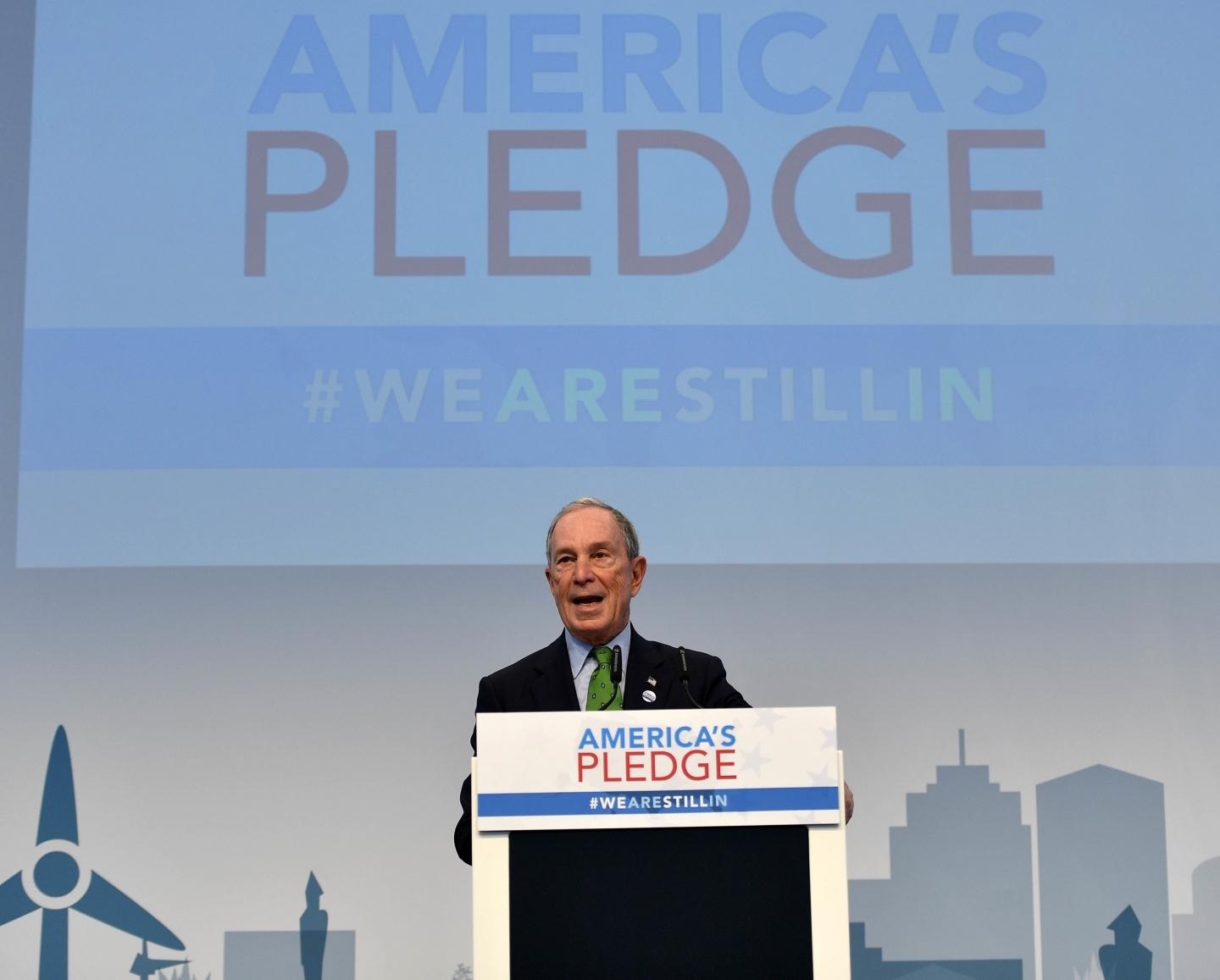 Former New York Mayor Michael Bloomberg speaks in the US Climate Action Center at COP23 in Bonn, Germany, Saturday, Nov. 11, 2017. (AP Photo/Martin Meissner)
