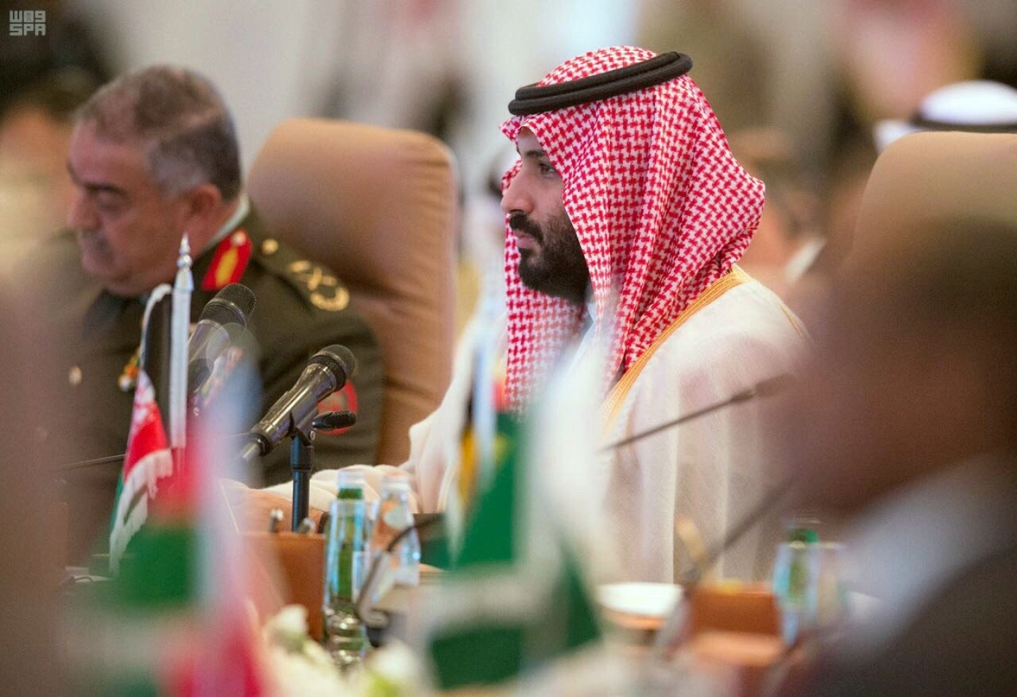 Saudi Crown Prince Mohammed bin Salman speaks at a meeting of the Islamic Military Counterterrorism Alliance. (Saudi Press Agency via AP)