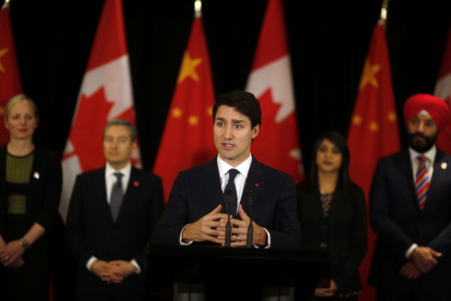 Canadian Prime Minister Justin Trudeau speaks to the media in China on December 5, 2017. (AP Photo/Ng Han Guan)