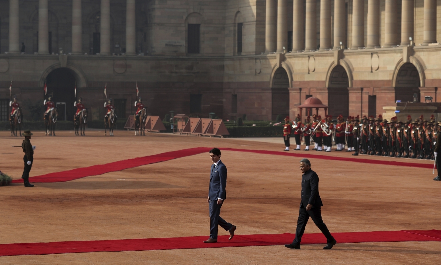 Canadian Prime Minister Justin Trudeau during his ceremonial reception at the Indian presidential palace in New Delhi, India, February 23, 2018. (AP Photo/Manish Swarup)