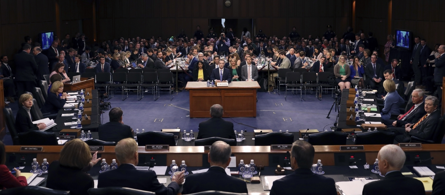 Facebook CEO Mark Zuckerberg testifies before US Congress about the use of Facebook data to target American voters in the 2016 election. (Win McNamee/Pool Photo via AP)