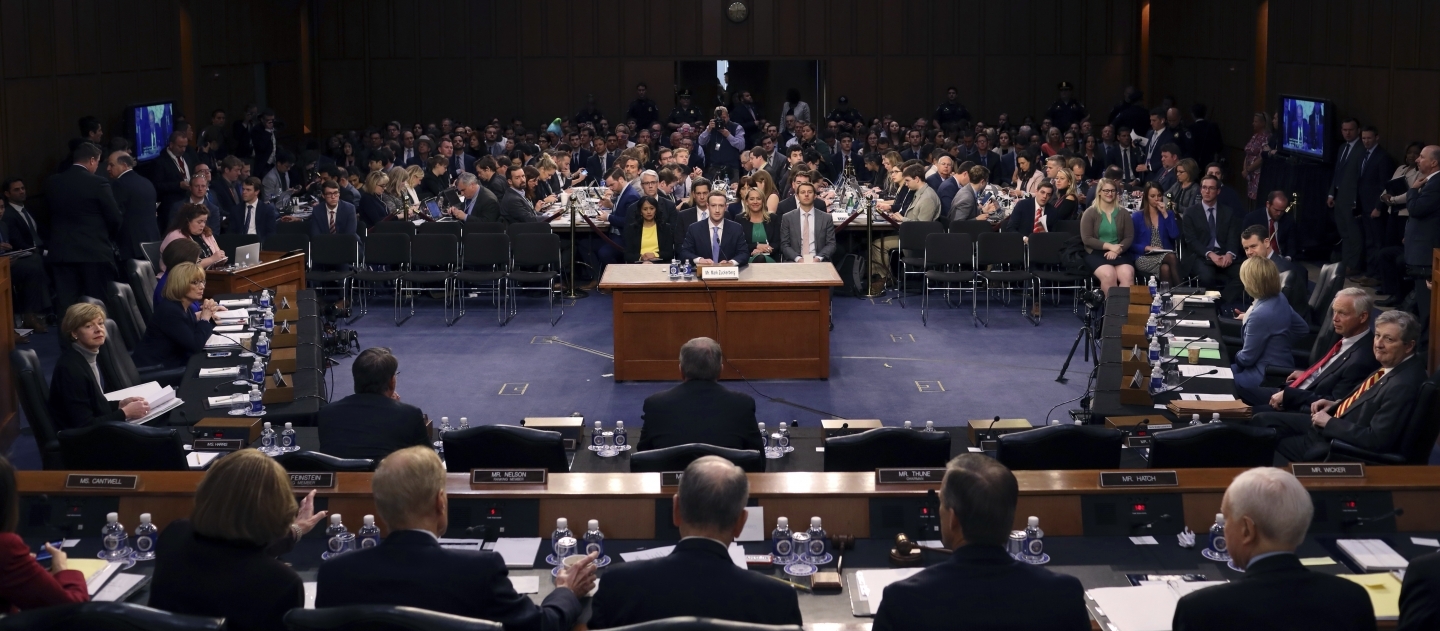 Facebook CEO Mark Zuckerberg testifies before a joint hearing of the Commerce and Judiciary Committees on Capitol Hill in Washington, Tuesday, April 10, 2018, about the use of Facebook data to target American voters in the 2016 election.(Win McNamee/Pool Photo via AP)