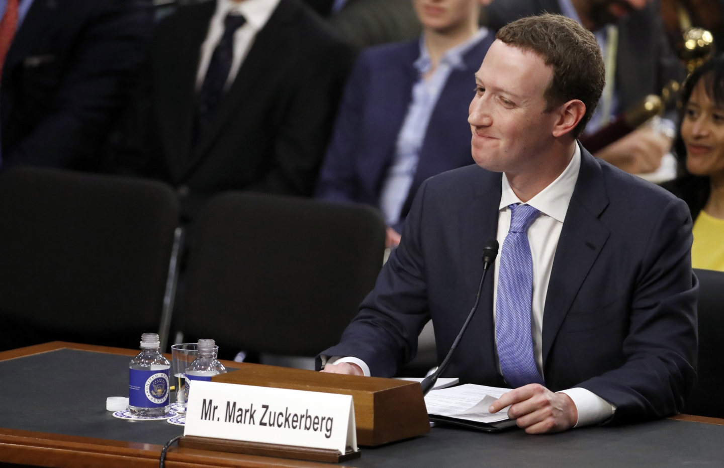 Facebook CEO Mark Zuckerberg testifies before a joint hearing of the Commerce and Judiciary Committees on Capitol Hill in Washington on April 10, 2018. (AP Photo/Alex Brandon)
