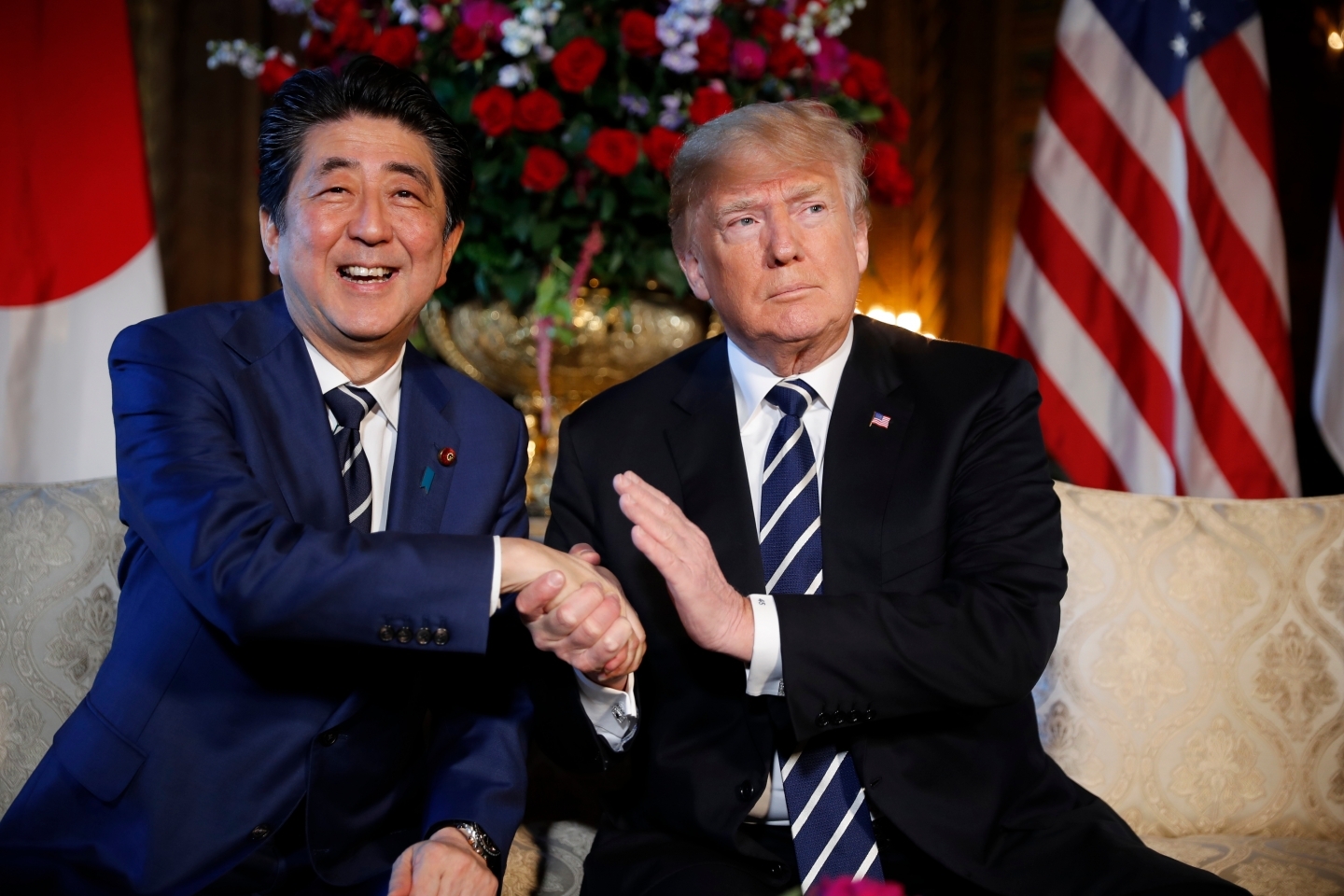 President Donald Trump and Japanese Prime Minister Shinzo Abe at Mar-a-Lago in April 2018. (AP Photo/Pablo Martinez Monsivais, File)
