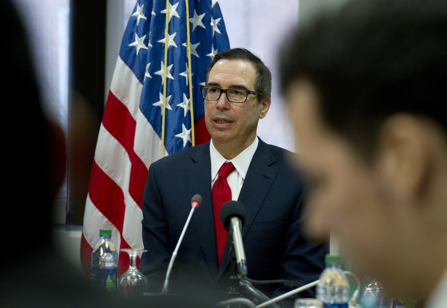 US Treasury Secretary Steve Mnuchin speaks during a news conference at World Bank/IMF Spring Meetings, in Washington and April 21, 2018. ( AP Photo/Jose Luis Magana)