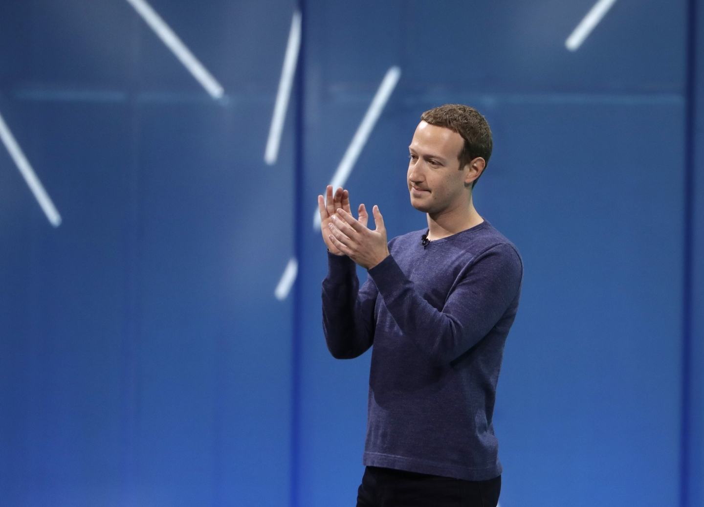 Facebook CEO Mark Zuckerberg makes the keynote address at F8, Facebook's developer conference, May 1, 2018. (AP Photo/Marcio Jose Sanchez)