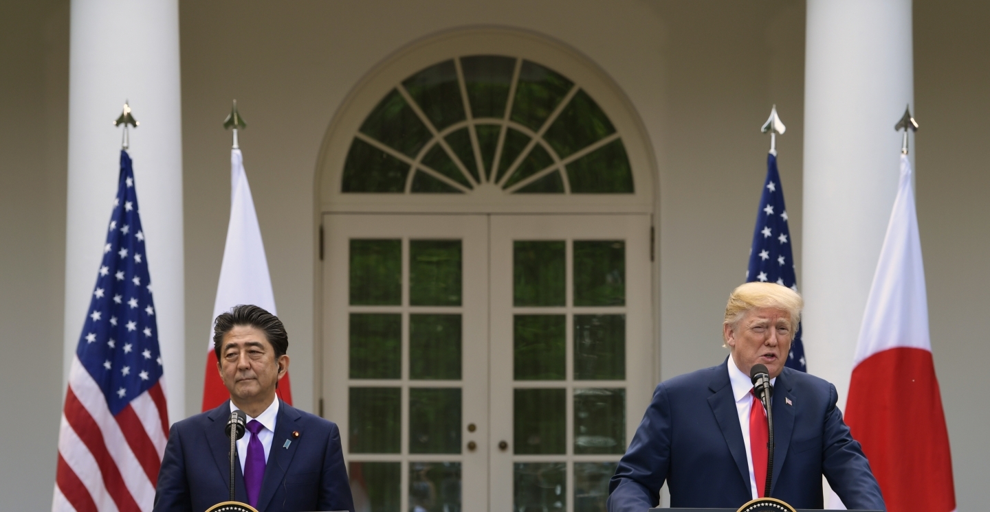 President Donald Trump and Japanese Prime Minister Shinzo Abe speak during a news conference in the Rose Garden of the White House in Washington, on June 7, 2018. (AP Photo/Susan Walsh)