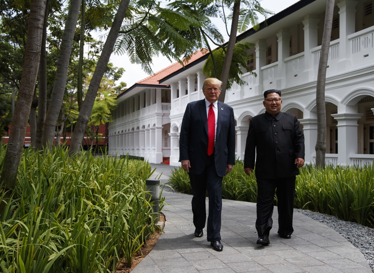 President Donald Trump meets with North Korean leader Kim Jong Un on Sentosa Island on June 12, 2018, in Singapore. (AP Photo/Evan Vucci)