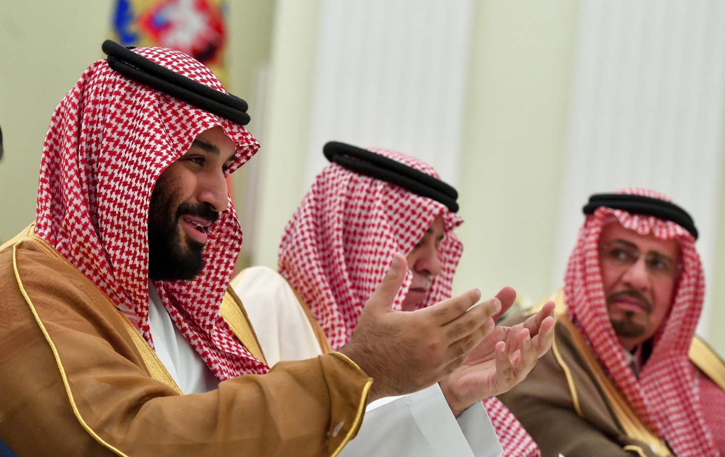 Saudi Arabia Crown Prince Mohammed bin Salman, left, gestures while speaking to Russian President Vladimir Putin during their meeting in Moscow. (Yuri Kadobnov, Pool Photo via AP)