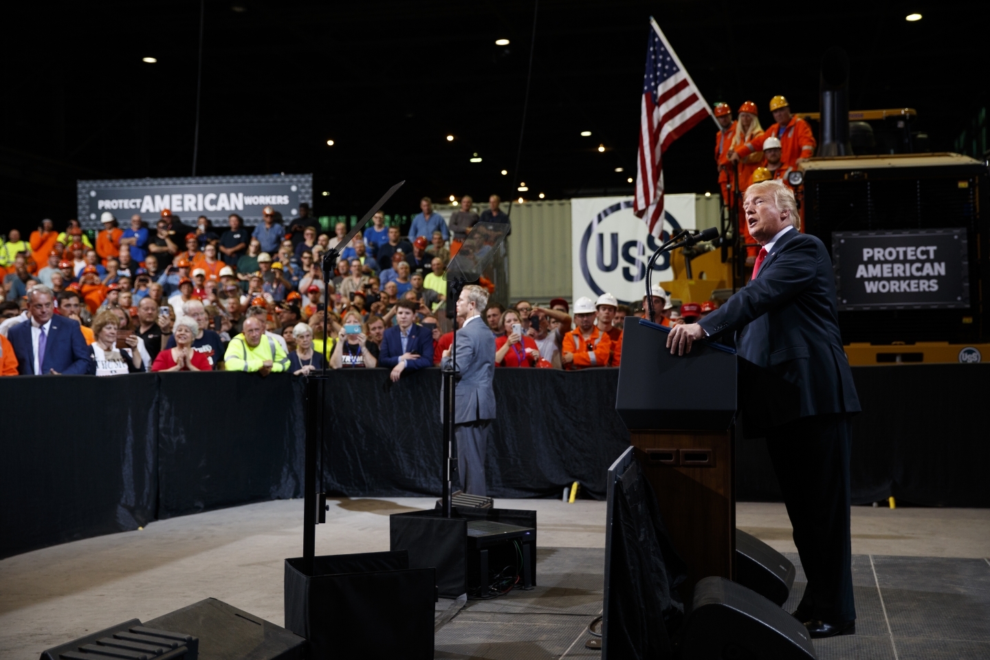 President Donald Trump speaks about trade at Granite City Works Steel Coil Warehouse on July 26, 2018, Granite City, Illinois. (AP Photo/Evan Vucci)