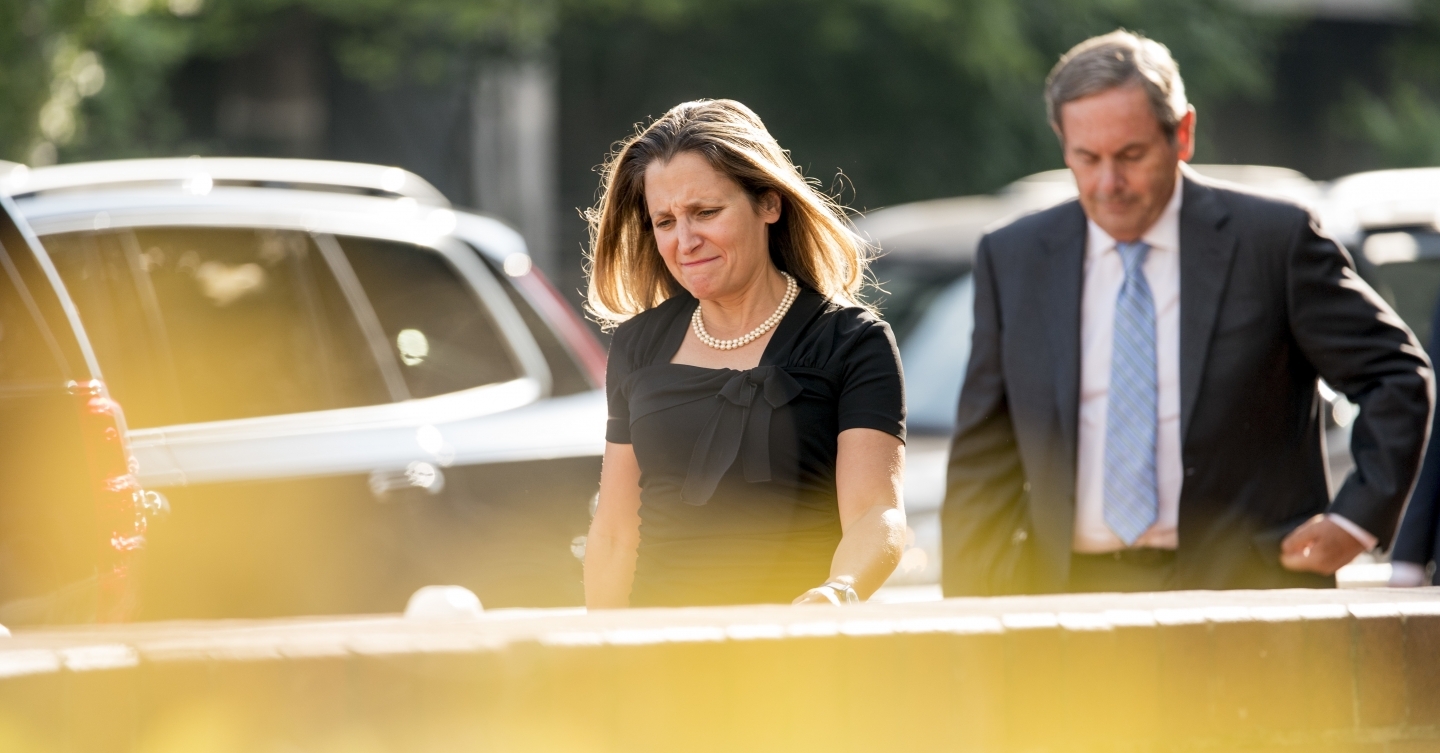 Canada's Foreign Affairs Minister Chrystia Freeland at the office of the United States Trade Representative on August 29, 2018, during trade talks in Washington. (AP Photo/Andrew Harnik)