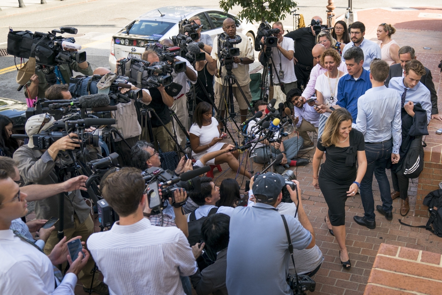 Canadian Foreign Affairs Minister Chrystia Freeland speaks to members of the media as she arrives at the Office of the United States Trade Representative, August 28, 2018, in Washington. (AP Photo/Andrew Harnik)