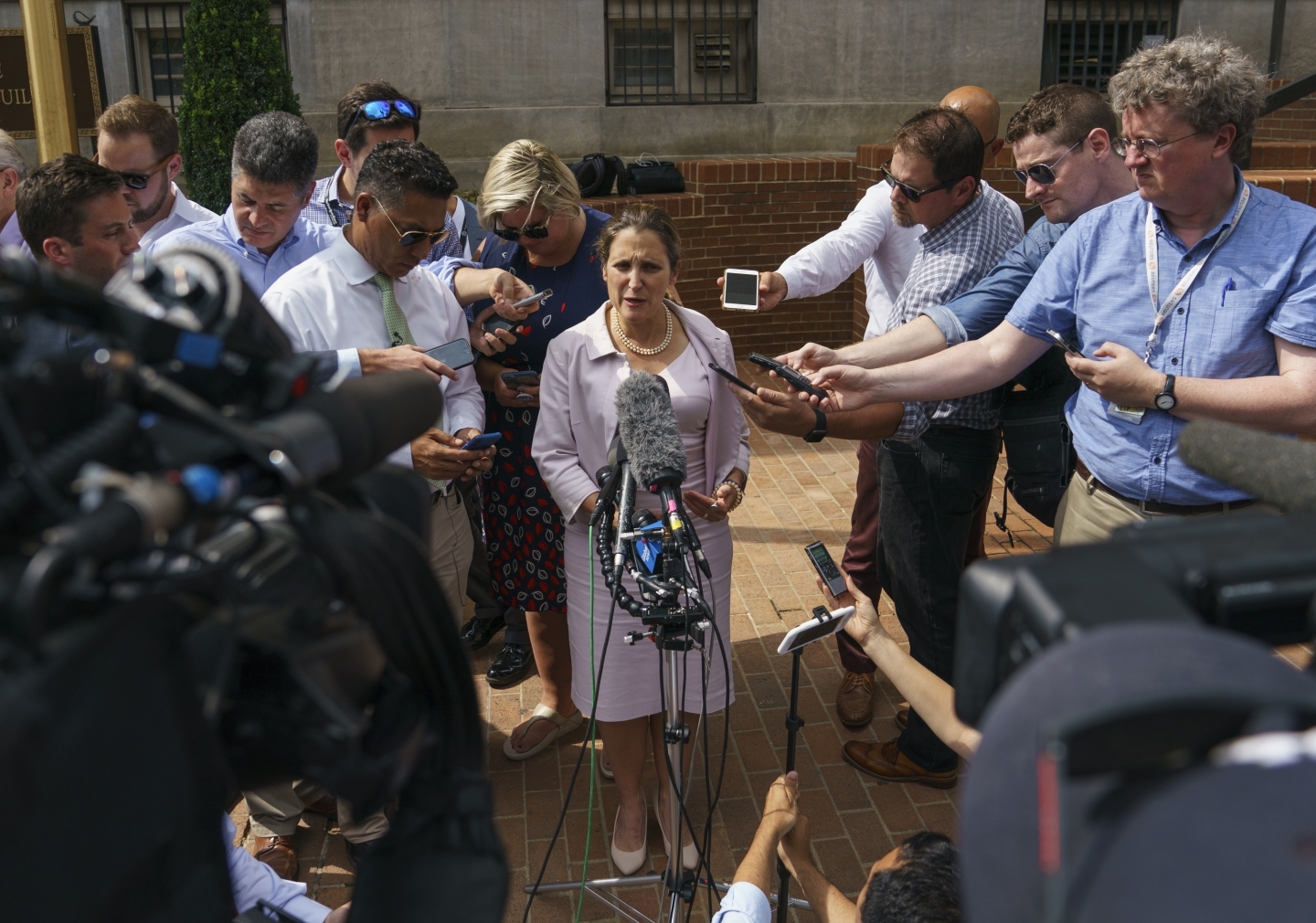 Canadian Foreign Affairs Minister Chrystia Freeland speaks to the media outside the Office Of The United States Trade Representative in Washington on September 20, 2018. (AP Photo/Carolyn Kaster)