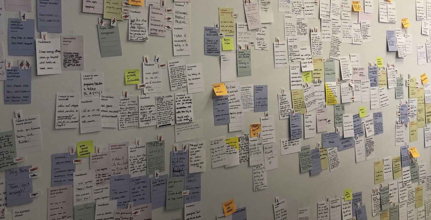 In this Aug. 15, 2018 photo, post-it notes cover a wall labeled "feedback" during a forum hosted by Google affiliate Sidewalk Labs in Toronto. (AP Photo/Rob Gillies)