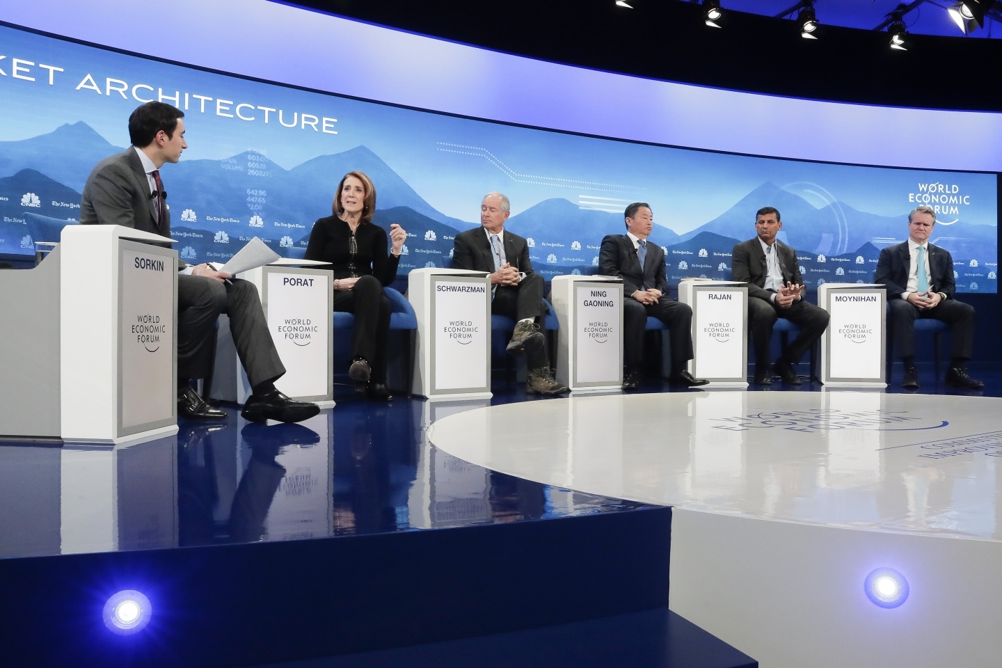 Andrew R. Sorkin moderates a panel titled "Shaping a New Market Architecture" at the World Economic Forum in Davos, Switzerland, on January 22, 2019. (AP Photo/Markus Schreiber)