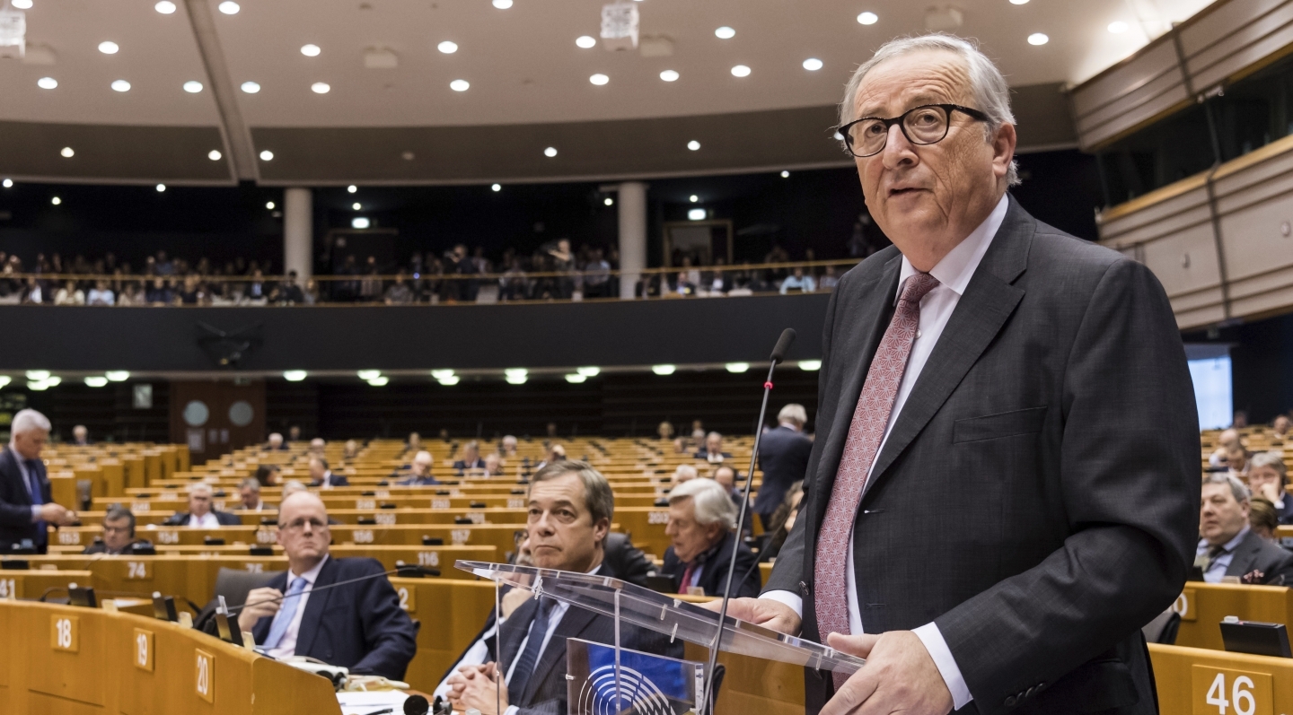 EU Commission President Jean Claude Juncker addresses Members of European Parliament on Brexit at the European Parliament in Brussels on January 30, 2019. (AP Photo/Geert Vanden Wijngaert)