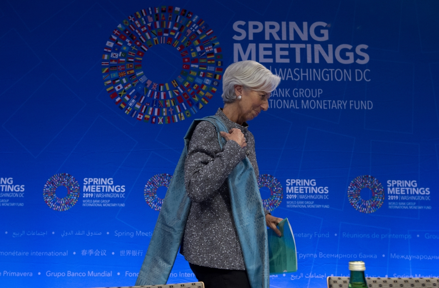 IMF Managing Director Christine Lagarde leaves after a news conference at the World Bank/IMF Spring Meetings in Washington on April 13, 2019. (AP Photo/Jose Luis Magana)