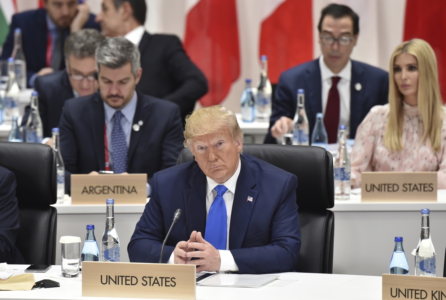 US President Donald Trump attends a session on women's workforce participation, future of work and aging societies at the G20 Summit in Osaka Saturday, June 29, 2019 (Kazuhiro Nogi/Pool Photo via AP)