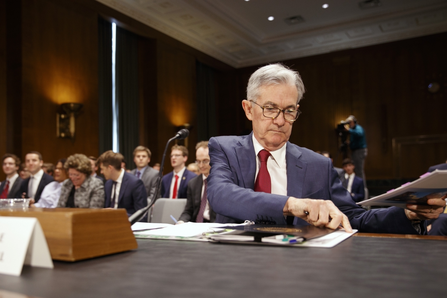 Federal Reserve Chair Jerome Powell takes his seat before presenting the monetary policy report to the Senate Banking Committee on July 11, 2019. (AP Photo/Jacquelyn Martin)