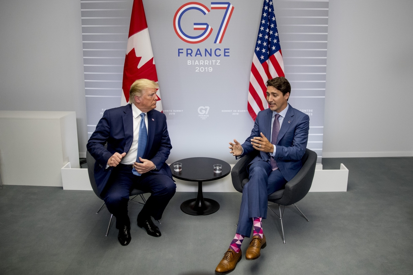 Canadian Prime Minister Justin Trudeau and US President Donald Trump during a bilateral meeting at the G7 summit in Biarritz, France on August 25, 2019. (AP Photo/Andrew Harnik)