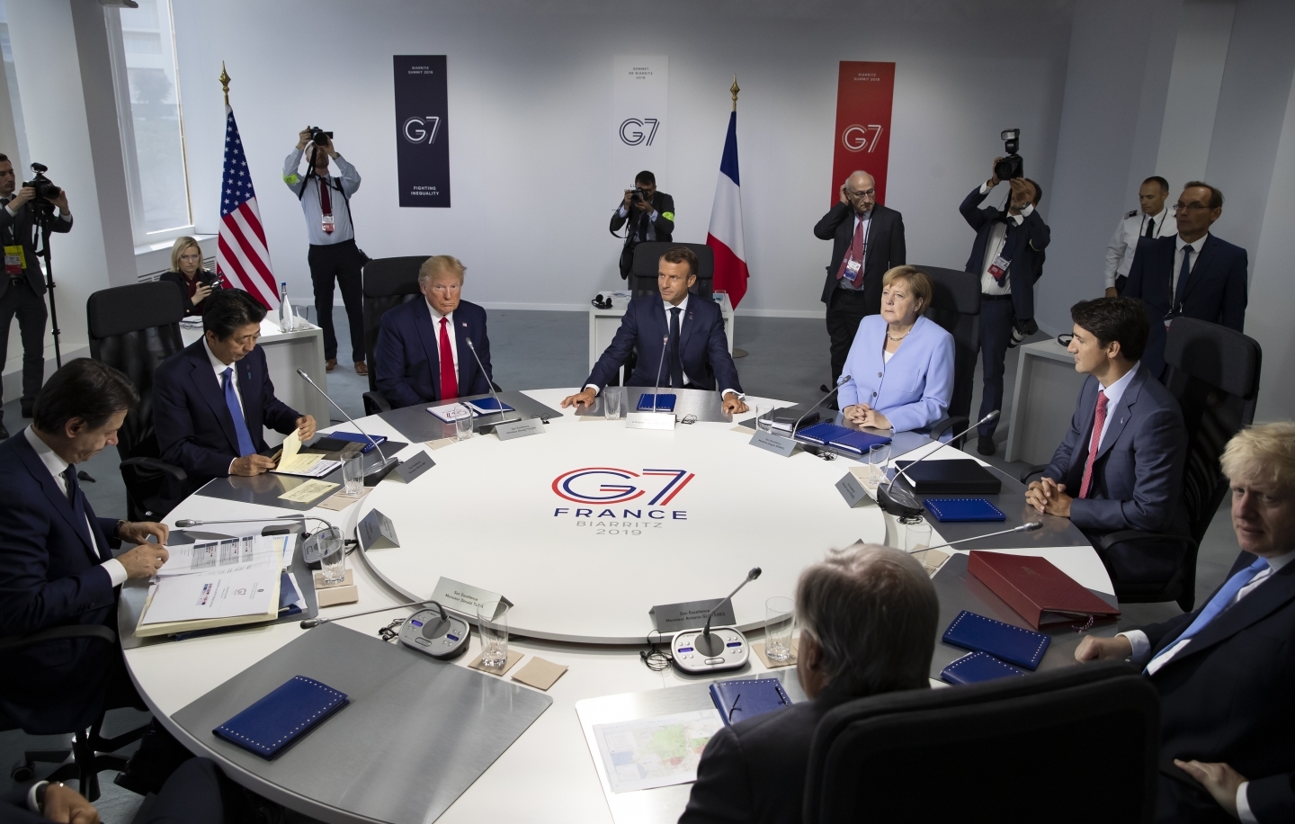 Group of Seven leaders attend a work session during summit in Biarritz, France on August 26, 2019. (Ian Langsdon, Pool via AP)