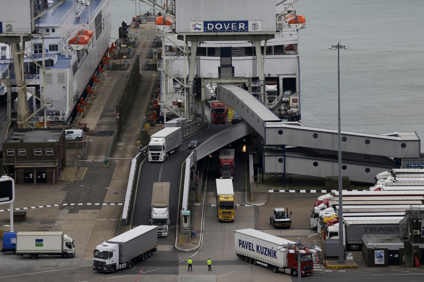 Lorries disembark from a ferry at the Port of Dover. (AP Photo/Matt Dunham)