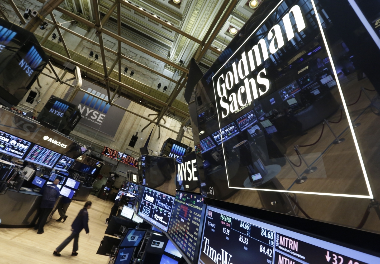 A sign marks the Goldman Sachs trading post on the floor of the New York Stock Exchange. (AP Photo/Richard Drew, File)