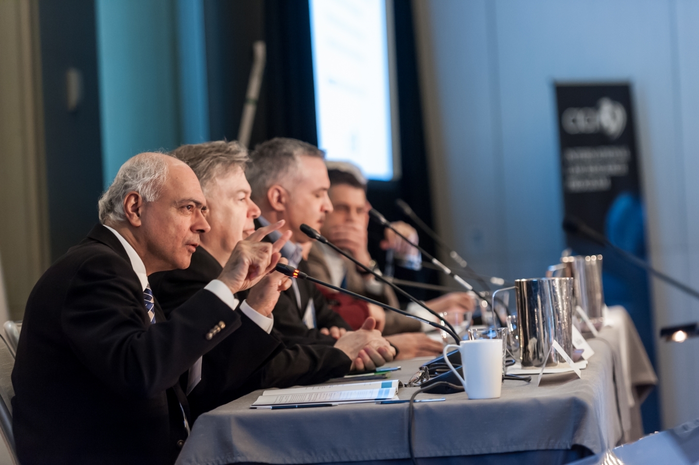 CIGI President Rohinton Medhora, left, speaks at a CIGI conference in March 2016.