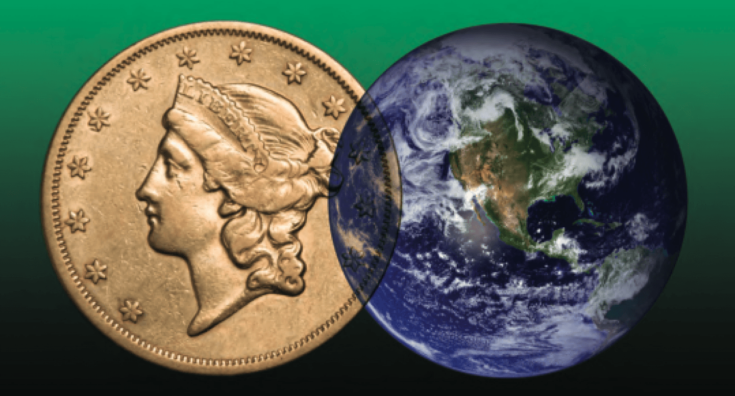 Stock image of a coin and the globe