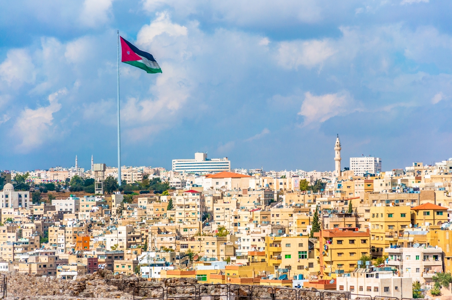 Jordan flag in Amman, cloudy sky background. (Shutterstock)