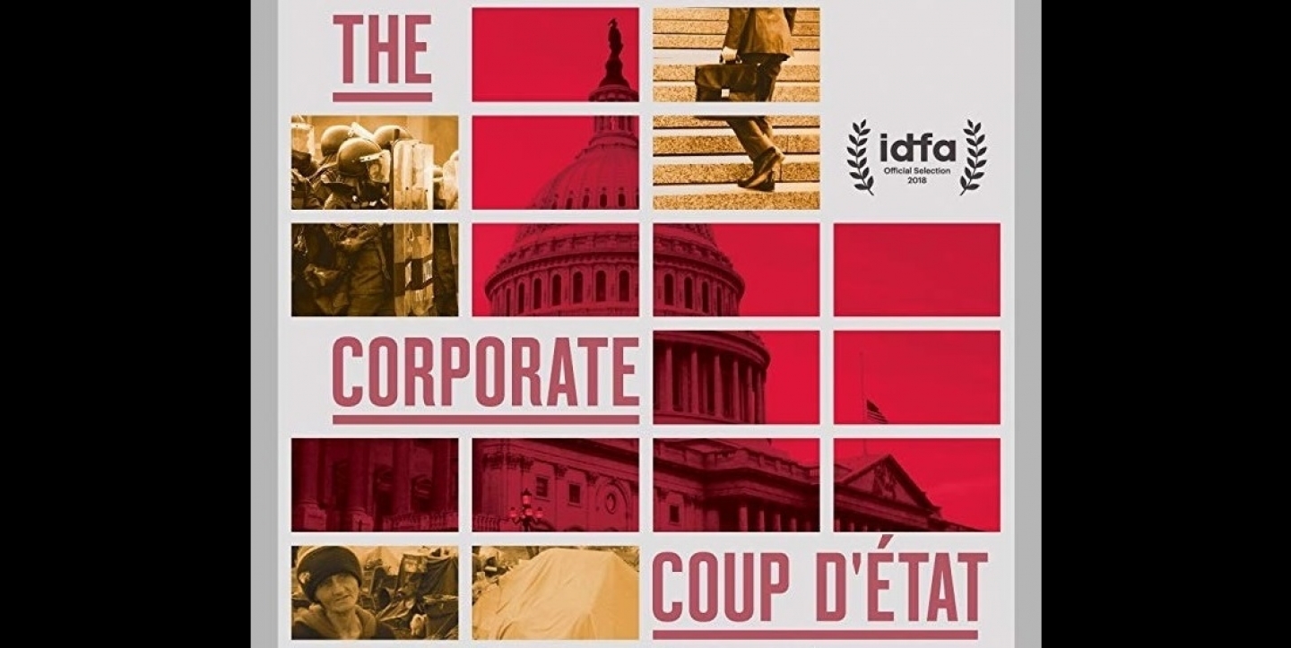 Close-up of promotional poster for the film "The Corporate Coup D'État" (White Pine Pictures)