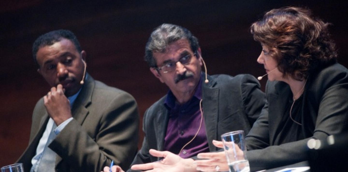 From left to right, Aaron Berhane, Morteza Abdolalian and Maryam Aghvami. (CIGI/Lisa Malleck)