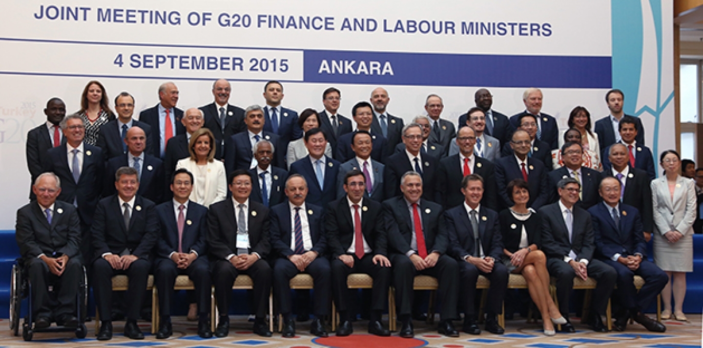 G20 finance and labour ministers and central bank governors pose for a group photo as they began a two-day meeting to discuss the global economy in the Turkish capital Ankara, Turkey, Friday, Sept. 4, 2015. (AP Photo/Burhan Ozbilici)