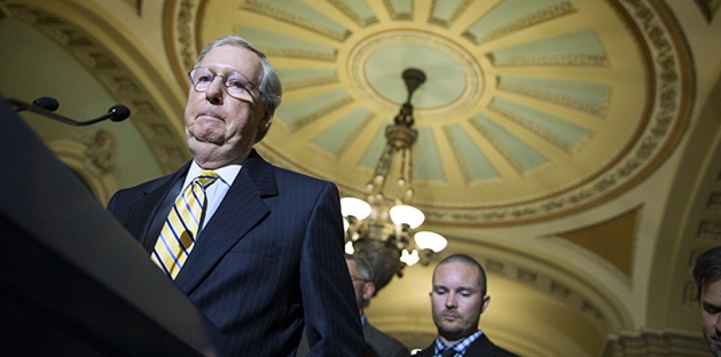 Senate Majority Leader Mitch McConnell of Ky. pauses during a news conference on Capitol Hill in Washington, Tuesday, May 19, 2015. (AP Photo/Evan Vucci)